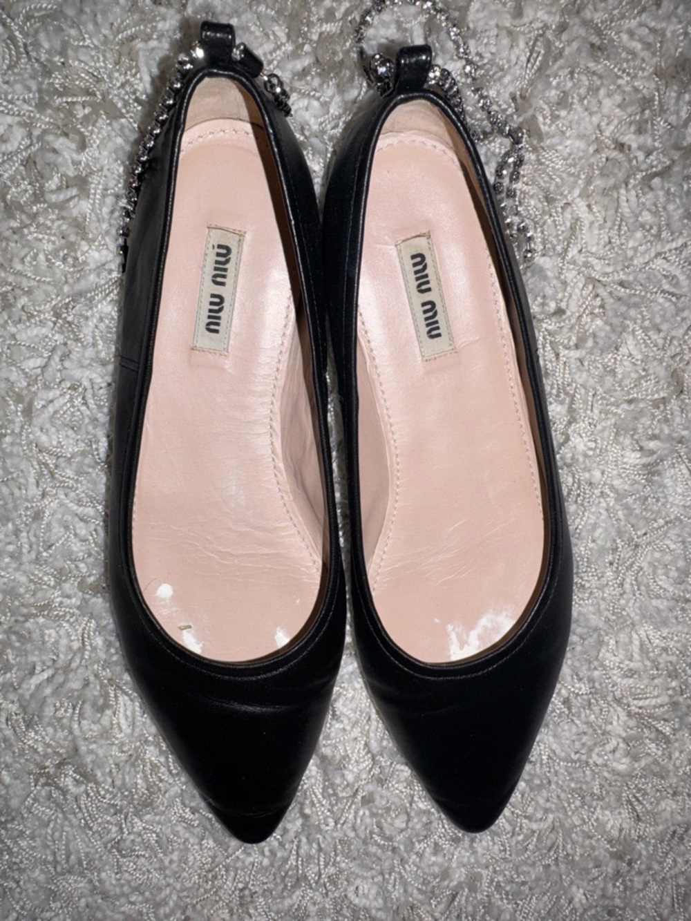 Miu Miu Black Pointed Leather Flats with Crystal Heel Trim